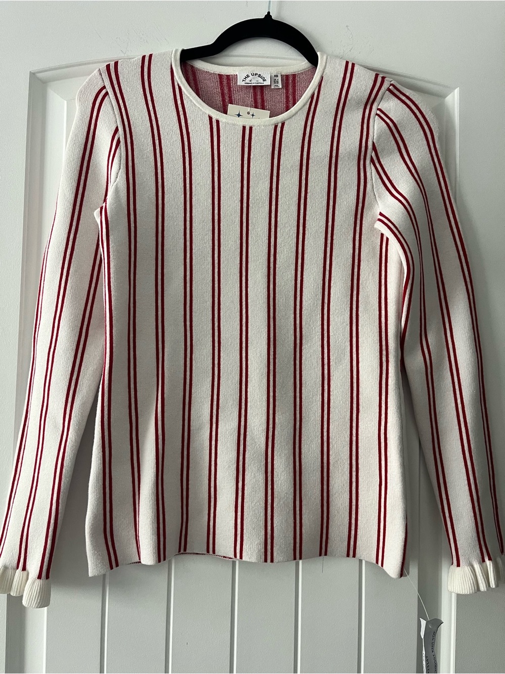 The Upside White and Red Stripe Long-Sleeve Knit Top with Heart